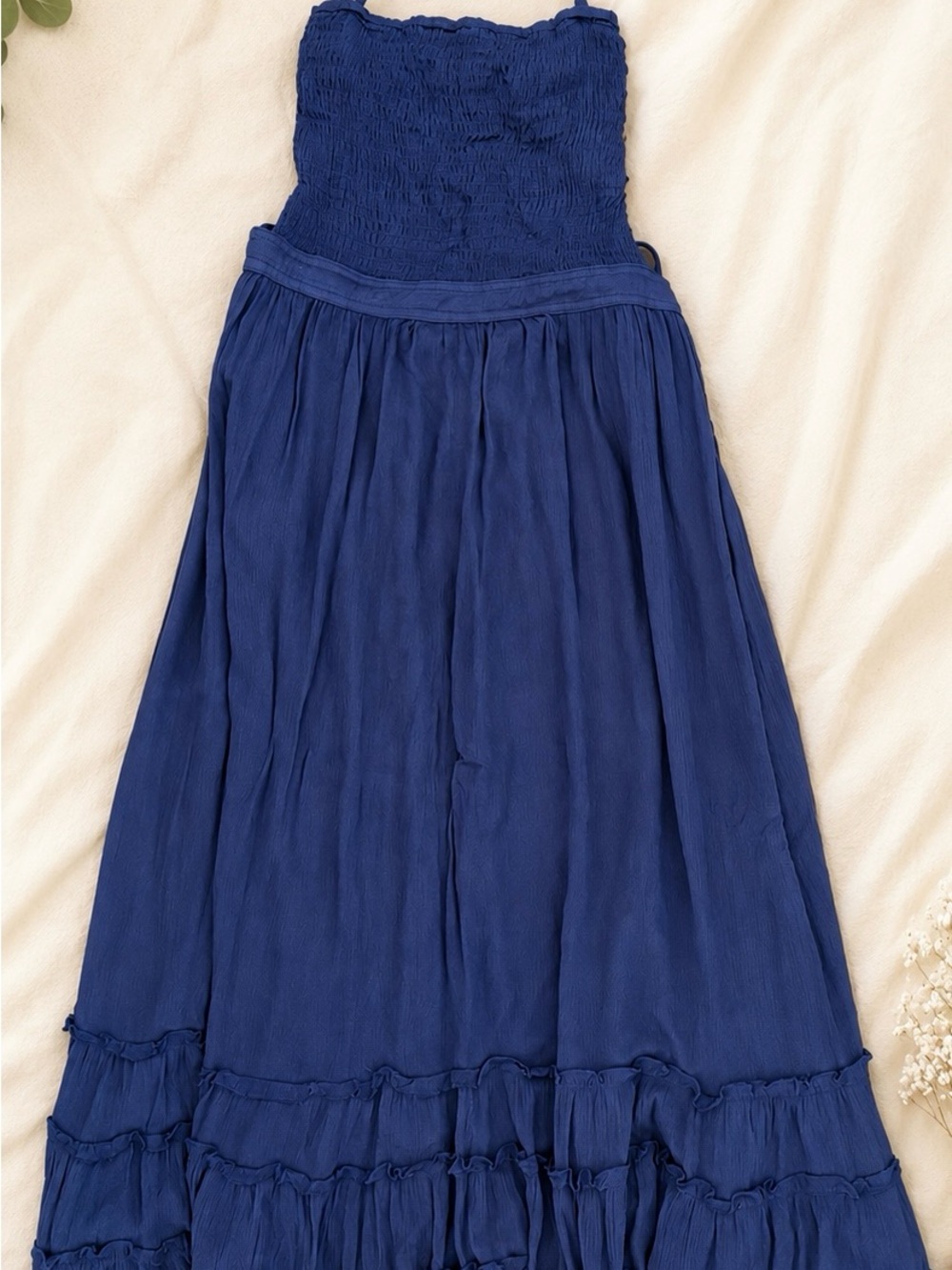 Smocked Strapless Maxi dress in indigo